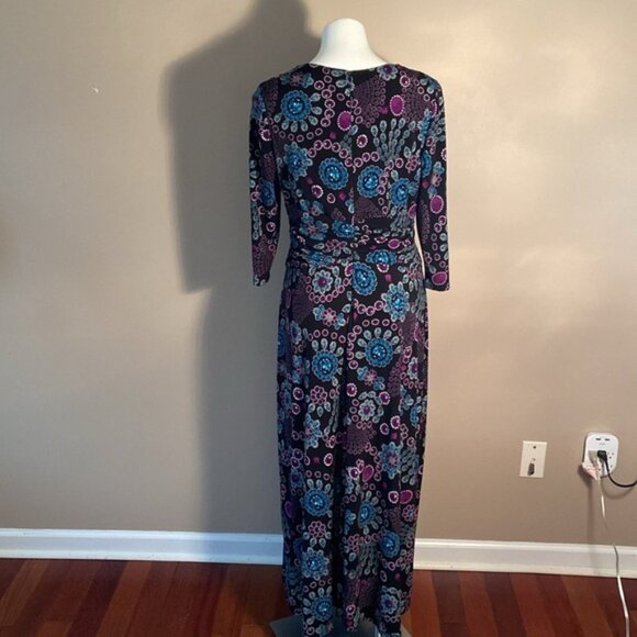 Clues Collection Black Jewel Print Long Sleeve Stretch Maxi Wrapped Dress V Neck - Picture 6 of 8